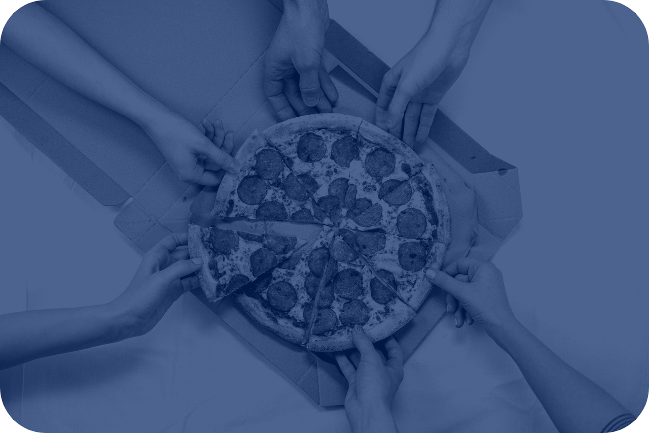 An photo of hands grabbing slices of pizza, a comparison made between funds and portfolios, where, with funds, investors lack the ability to customize.