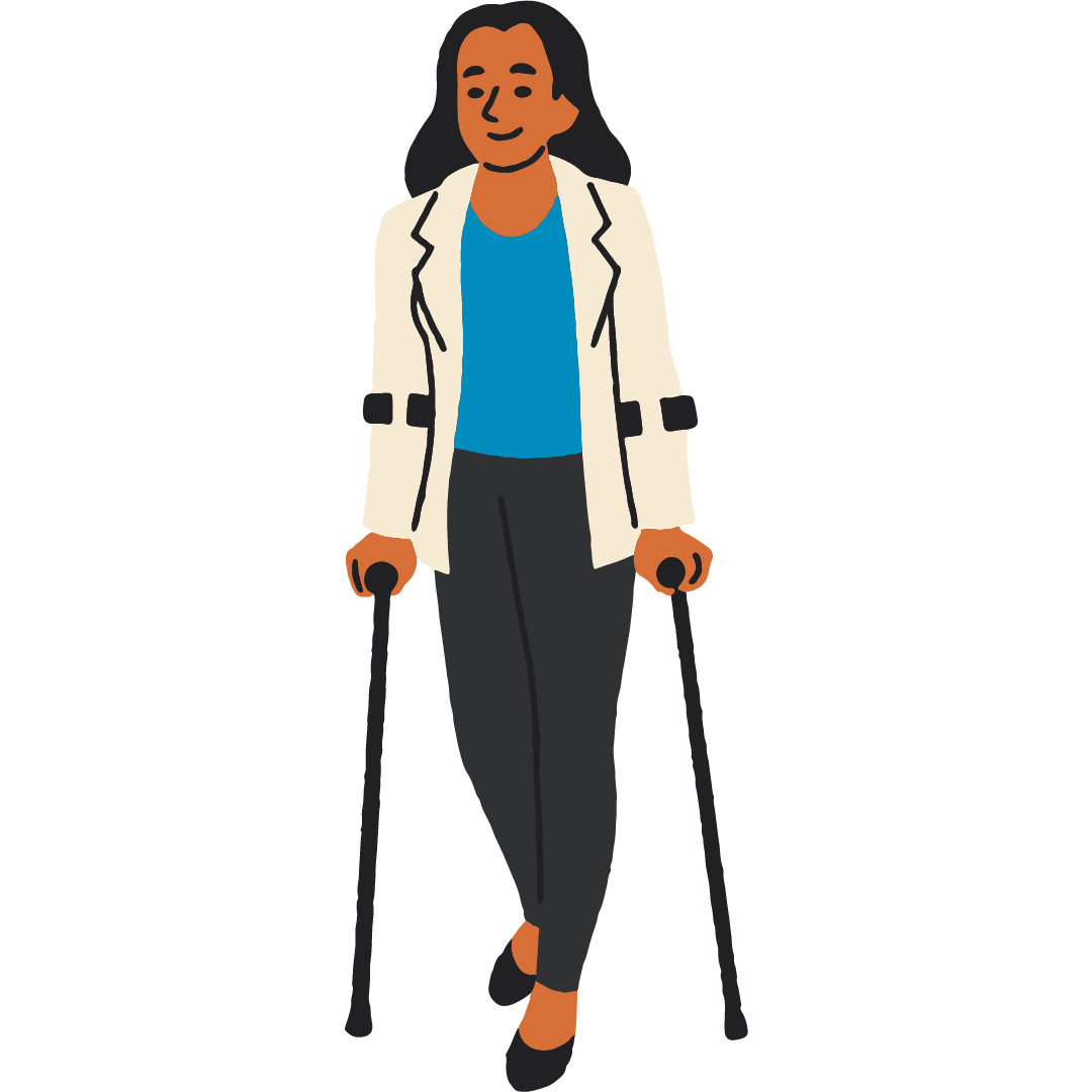 A woman walks with the aid of arm crutches. She may benefit from a. registered disability savings account.