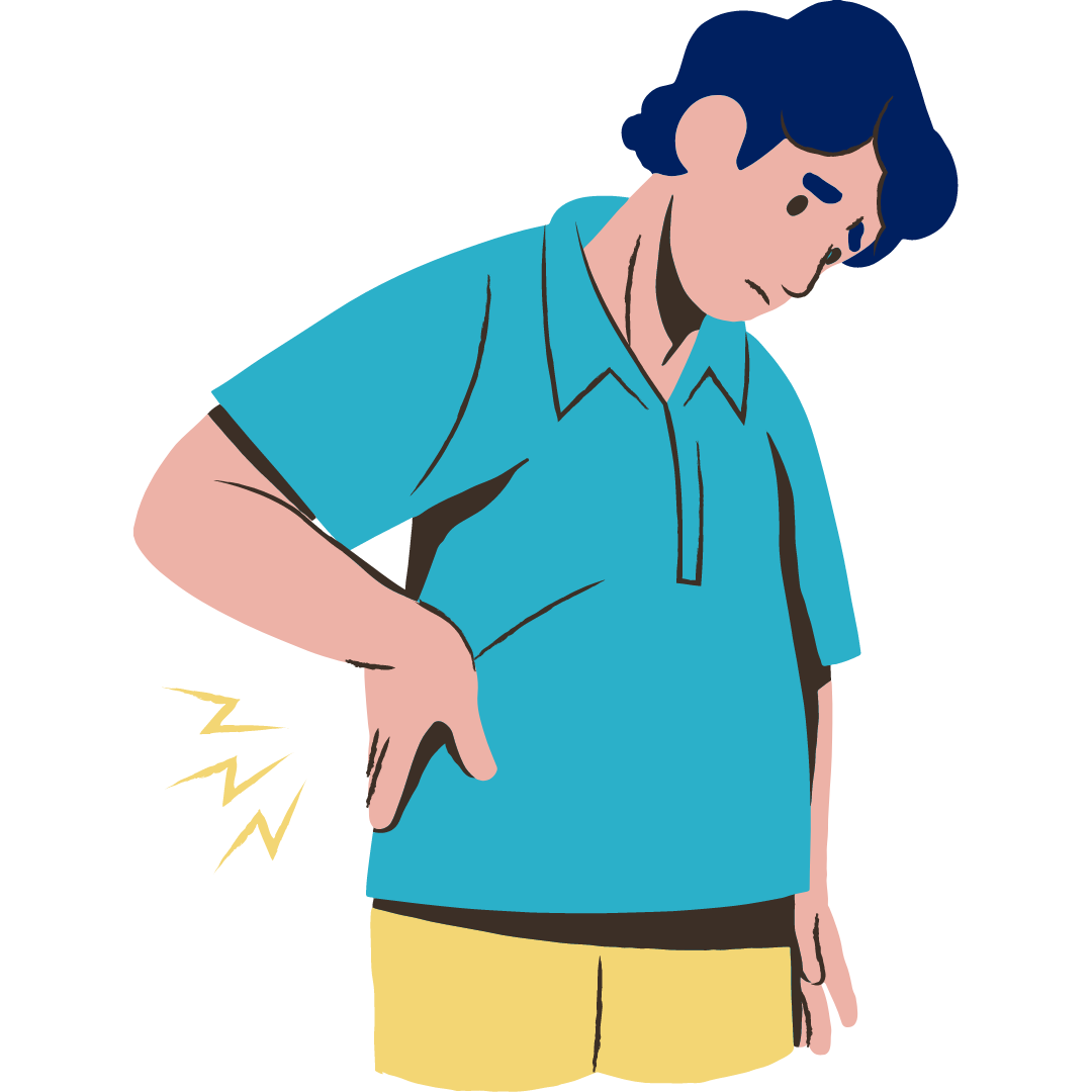 A Man with chronic back pain winces and holds his back.