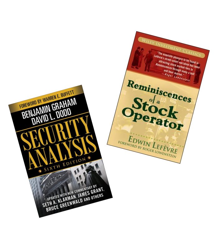 The covers of two books: Reminiscences of a Stock Operator and Security Analysis.