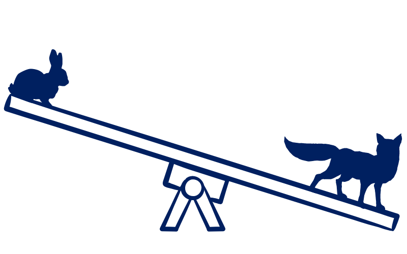 A fox stands on the low end of a seesaw with a rabbit on the high end. This represents the balance found both in ecological and financial environments.