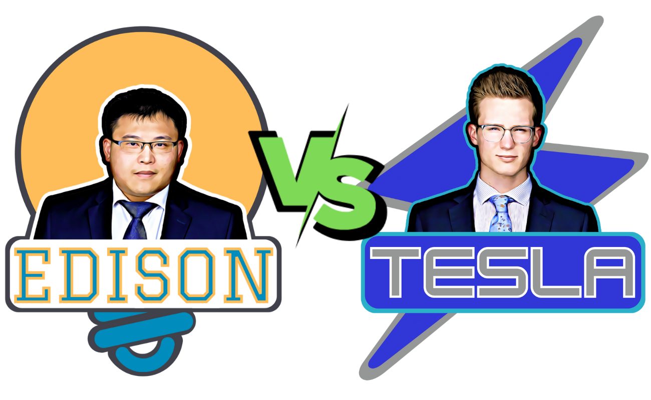 Two sports logos for two opposing sides: Edison vs Tesla. Our portfolio manager is cast as Edison, the more skeptical party. Our equity analyst is cast as Tesla, the more enthusiastic of the two.