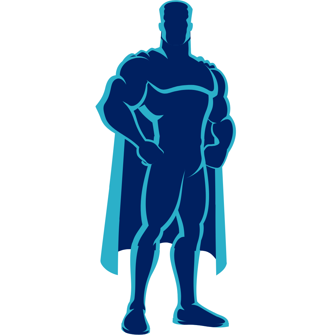 A superhero stands with a cape flowing and hands on his hips.