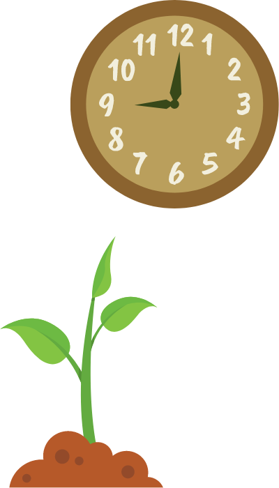 A seedling grows out of soil and, above it, a clock tells the time.