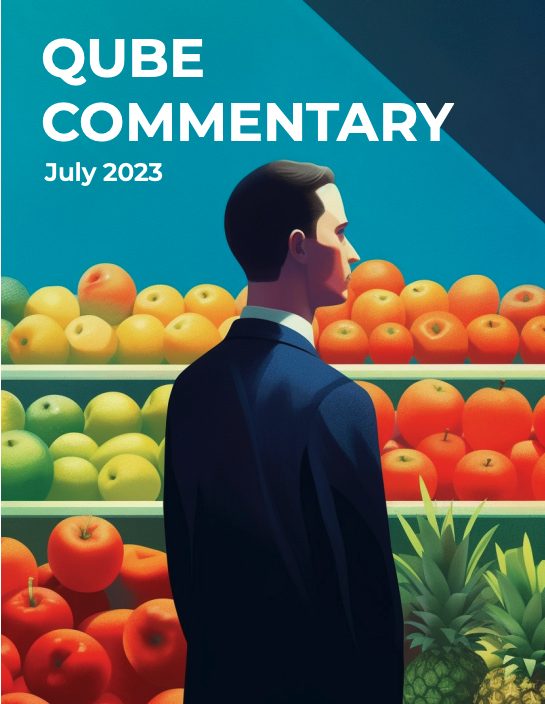 The cover of Qube's investing newsletter: a businessman stands in front of shelves of fruit.